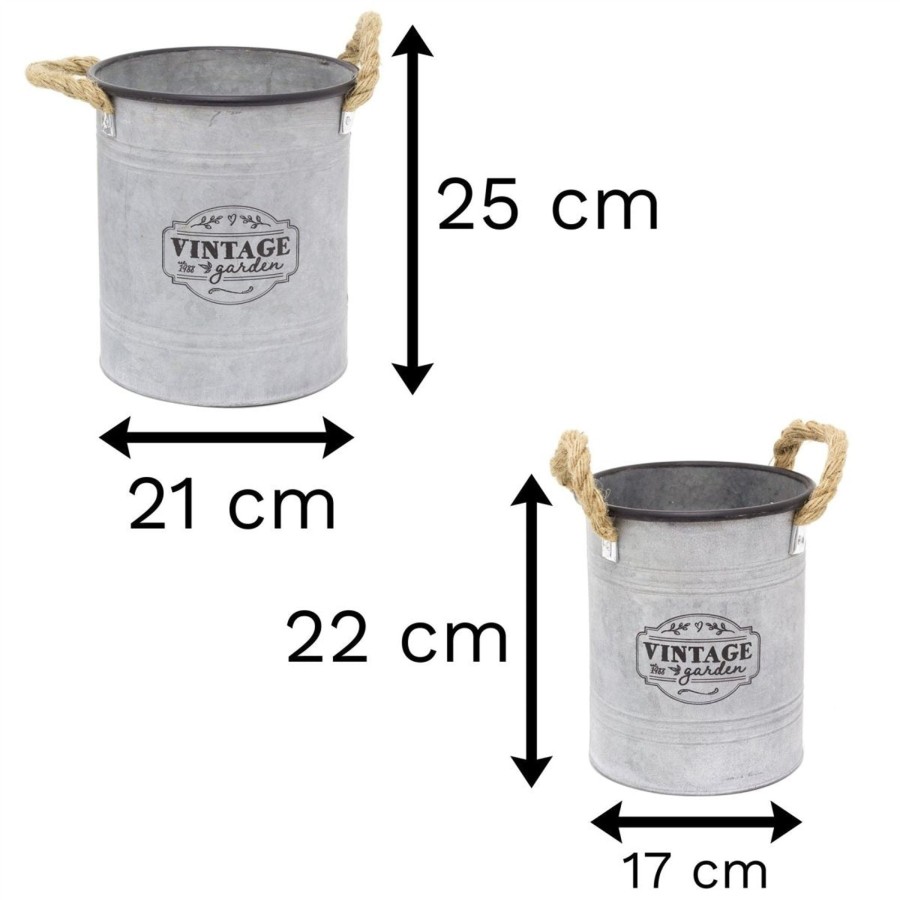 Home Accessories Carousel Shop Planters & Pots | Set Of 2 Vintage Bucket Garden Planters | Round Galvanised Metal Plant Pots | Outdoor Pail Zinc Flower Pot