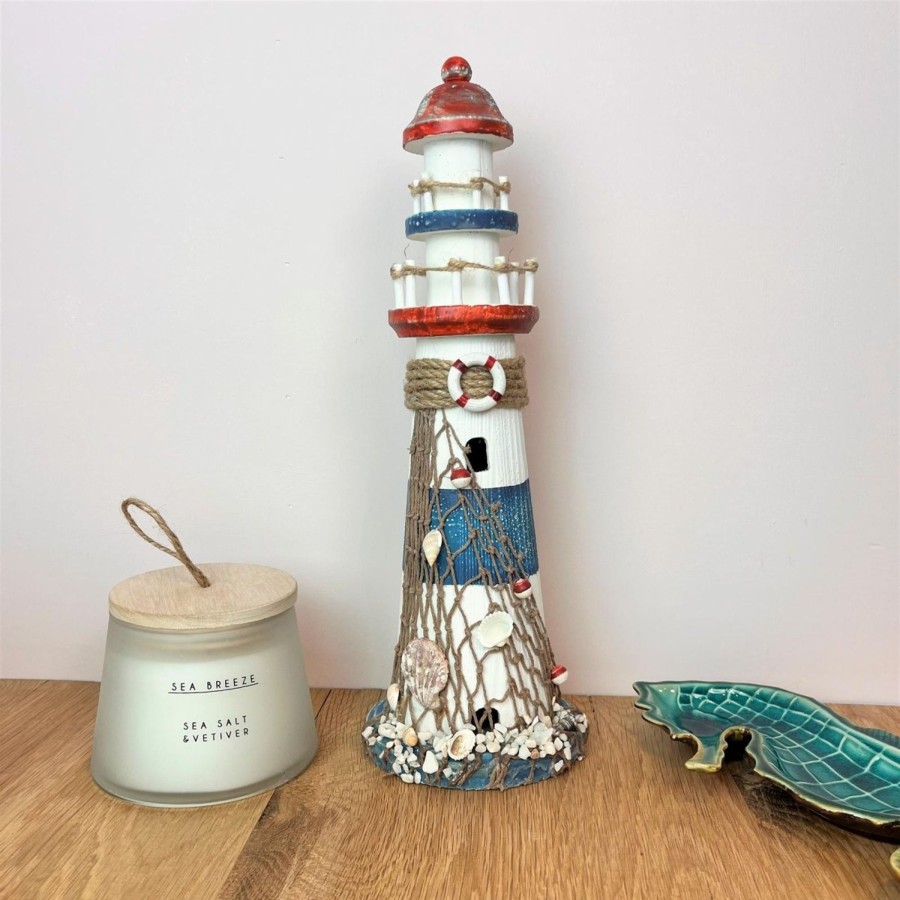 Home Accessories Carousel Shop Ornaments | Nautical Wooden Lighthouse Ornament | Coastal Lighthouse Beach Decoration - 37Cm