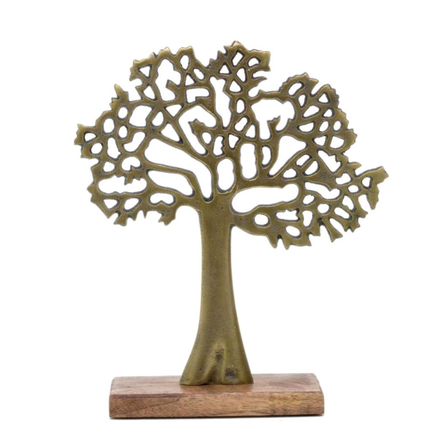 Home Accessories Carousel Shop Ornaments | Elegant Gold Tone Tree Of Life Sculpture | Aluminium Tree Ornament Jewellery Stand | Gold Metal Tree Decorative Ornament On Wooden Base