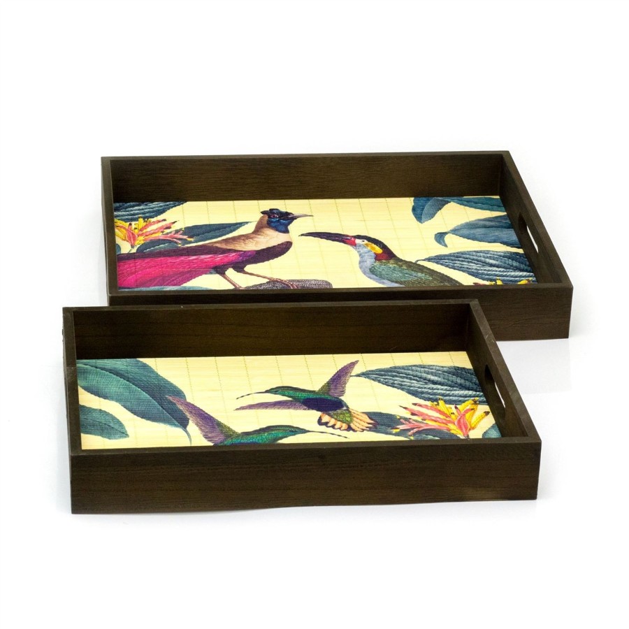 Kitchen & Dining Carousel Shop | Stunning Set Of 2 Birds Of Paradise Decorative Trays | Rectangle Wooden Display Tray Set | 2 Piece Wooden Storage Trays With Handles