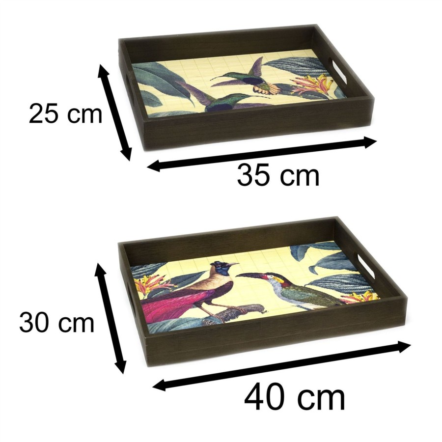 Kitchen & Dining Carousel Shop | Stunning Set Of 2 Birds Of Paradise Decorative Trays | Rectangle Wooden Display Tray Set | 2 Piece Wooden Storage Trays With Handles