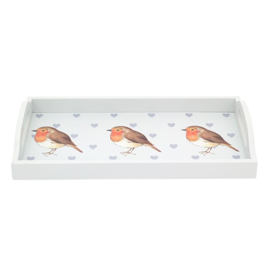 Kitchen & Dining Carousel Shop | Pretty Robin Redbreast Wooden Serving Tray Display Tray| Grey Wooden Tray With Handles Drinks Tray | Kitchen Tea Coffee Tray Snack Trays