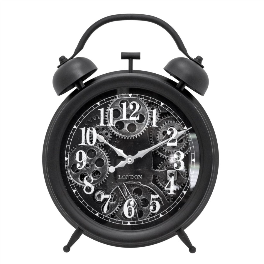 Home Accessories Carousel Shop Clocks | Retro Black Twin Bell Moving Gear Cog Wall Clock | Industrial Vintage Style Wall Clock | Silent Wall Clock Large Replica Twin Bell Clock