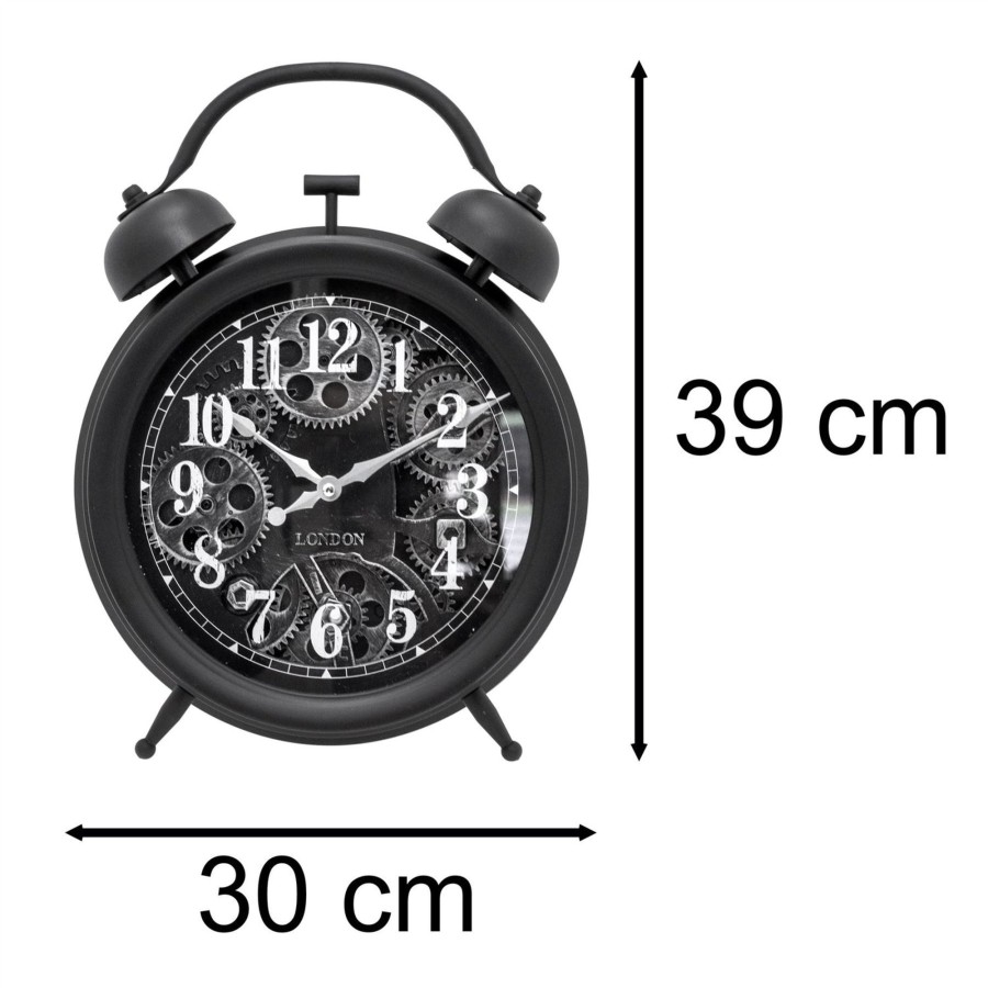 Home Accessories Carousel Shop Clocks | Retro Black Twin Bell Moving Gear Cog Wall Clock | Industrial Vintage Style Wall Clock | Silent Wall Clock Large Replica Twin Bell Clock