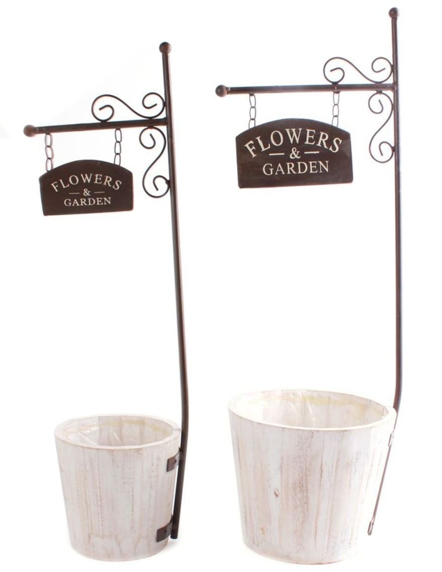 Home Accessories Carousel Shop Planters & Pots | Set Of 2 Rustic Wooden Garden Planter Pots ~ Outdoor Indoor Flower Pots