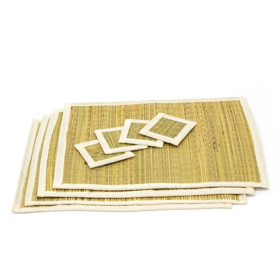 Kitchen & Dining Carousel Shop | Set Of 4 Natural Grass & Jute Placemats And Coasters | 4 Piece Rustic Style Place Mat Kitchen Dining Mat | Grass Placemat And Coaster Set Table Mats And Coasters