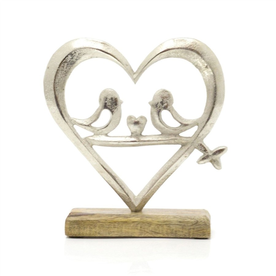 Home Accessories Carousel Shop Decorative Accessories | 20Cm Elegant Heart With Love Birds Ornament On Wood Base | Silver Love Heart On Wooden Base Sculpture | Valentines Anniversary Wedding Gifts