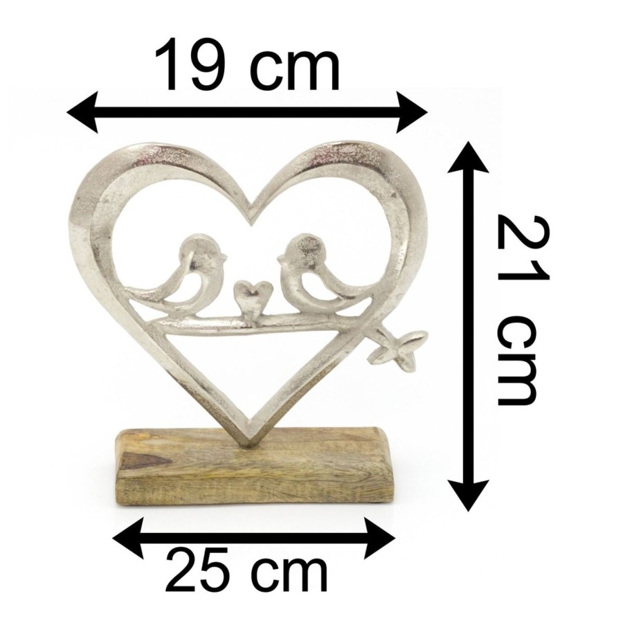 Home Accessories Carousel Shop Decorative Accessories | 20Cm Elegant Heart With Love Birds Ornament On Wood Base | Silver Love Heart On Wooden Base Sculpture | Valentines Anniversary Wedding Gifts