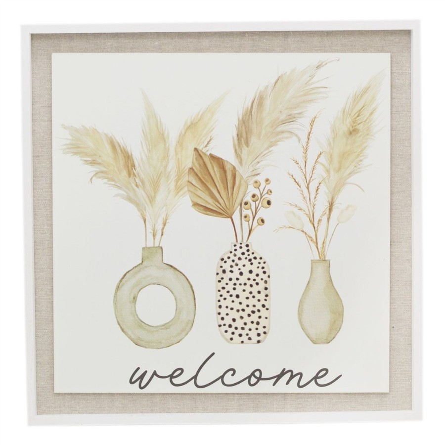 Home Accessories Carousel Shop Signs & Plaques | 40Cm White Wooden Welcome Sign House Plaque | Botanical Pampas Grass Large Decorative Welcome Plaque | Shabby Chic Home Accessories