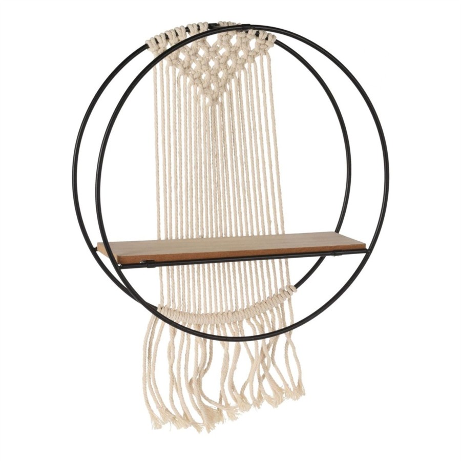 Home Accessories Carousel Shop Shelving & Hooks | Black Metal And Macrame Round Wall Shelf | Wall Mounted Display Shelf