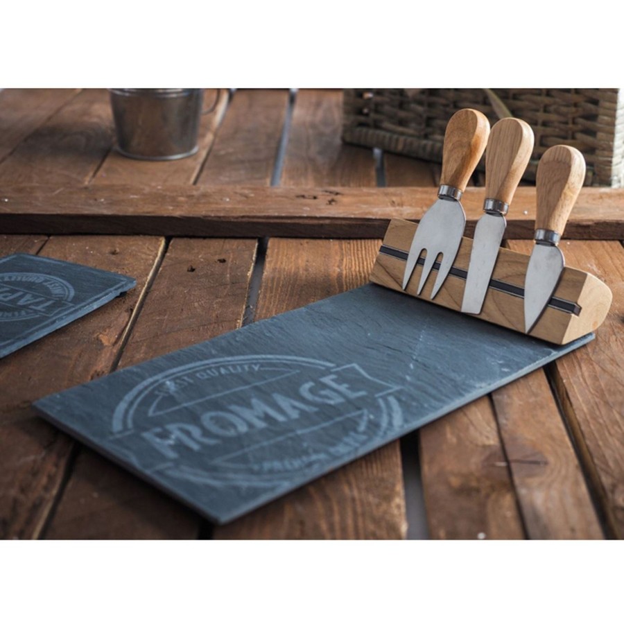 Kitchen & Dining Carousel Shop | Beautiful Slate Cheese Board With Knives Set | Cheese Platter Knife Set Slate Serving Platter Set | Charcuterie Platter And Serving Meat Board | 30X15Cm