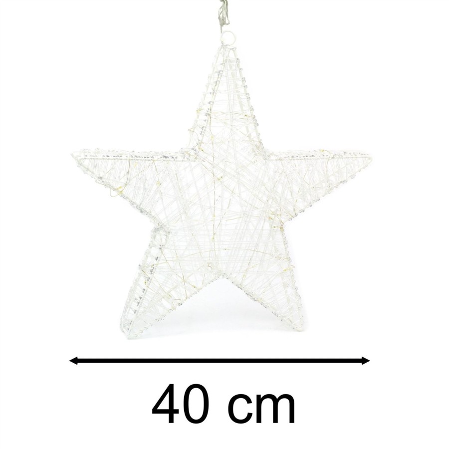 Celebrations Carousel Shop | 40Cm White Metal Acrylic Hanging Christmas Star Light | Large Star Light Decoration With 50 Led Lights Battery Operated | Christmas Window Lights