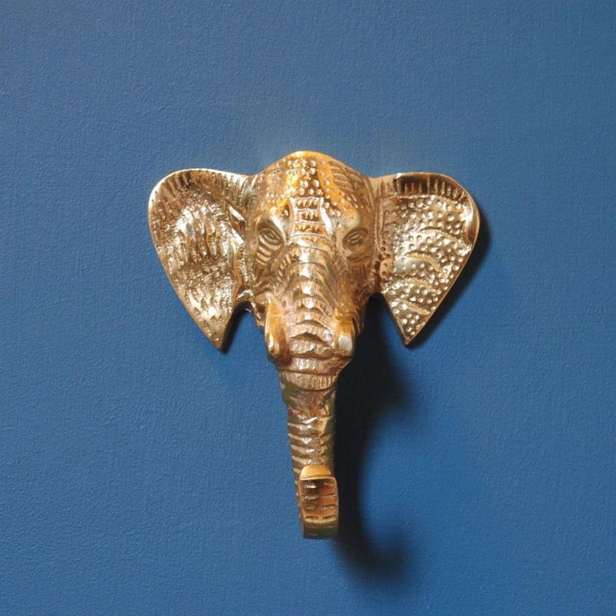 Home Accessories Carousel Shop Shelving & Hooks | Stunning Gold Effect Elephant Head Wall Mounted Coat Hook ~ Animal Hanger Peg