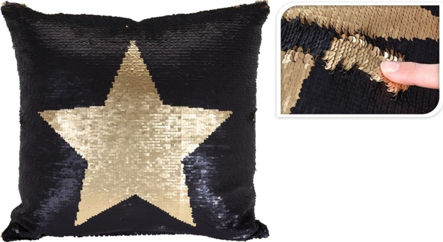 Home Accessories Carousel Shop Soft Furnishings & Rugs | Black And Gold Star Reversible Sequin Design Fabric Square Shaped Pillow Cushion