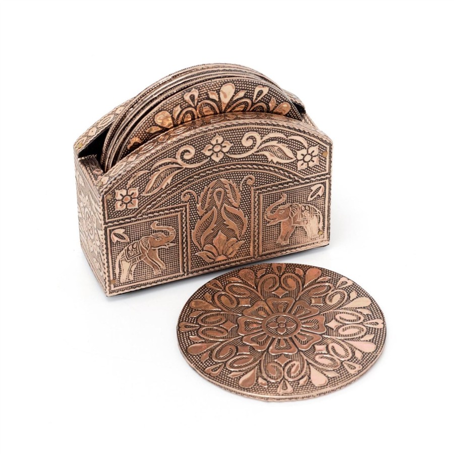 Kitchen & Dining Carousel Shop | Set Of 6 Rose Gold Aluminium Coasters In Holder | Family Coasters With Holder Cup Mug Table Mats | Round Embossed Floral Drinks Coaster Set