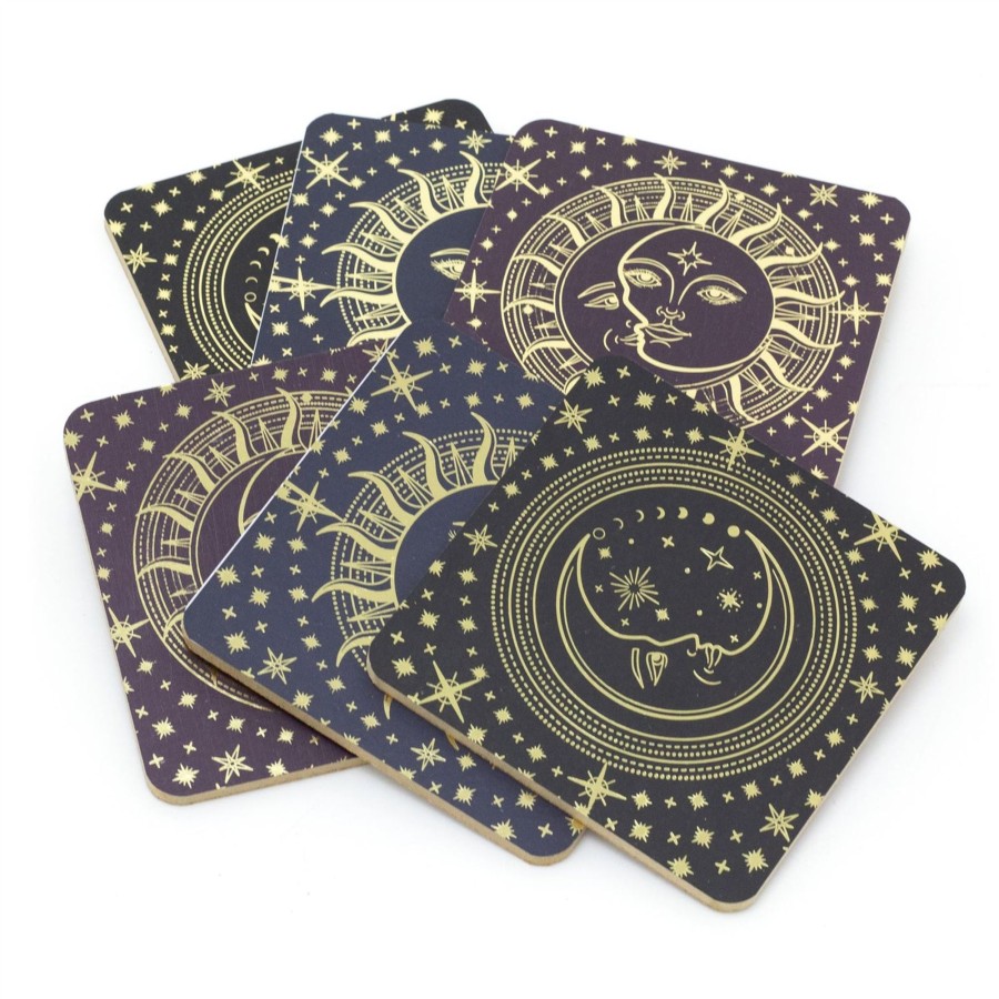 Kitchen & Dining Carousel Shop | 6 Piece Sun & Moon Coasters | Celestial Square Wooden Mats For Drinks Cups Mugs