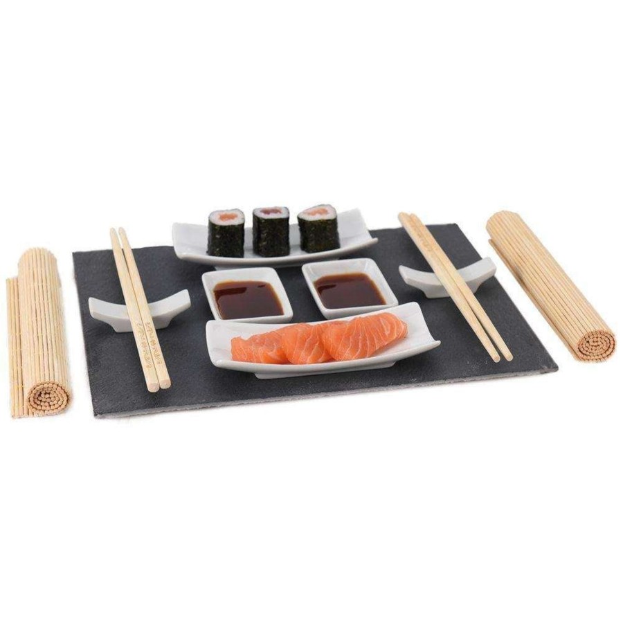 Kitchen & Dining Carousel Shop | 11 Piece Japanese Style Sushi Serving Set | 2 Person Sushi Ceramic Dinnerware Set And Chopsticks | Traditional Slate Serving Platter For Sushi - Sushi Gifts