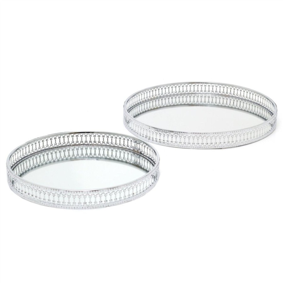 Home Accessories Carousel Shop Candle Plates | Set Of 2 Mirror Glass Candle Plate Stand | Silver Metal 2 Piece Round Mirror Glass Display Candle Plate | Mirrored Candle Tray Vanity Perfume Tray