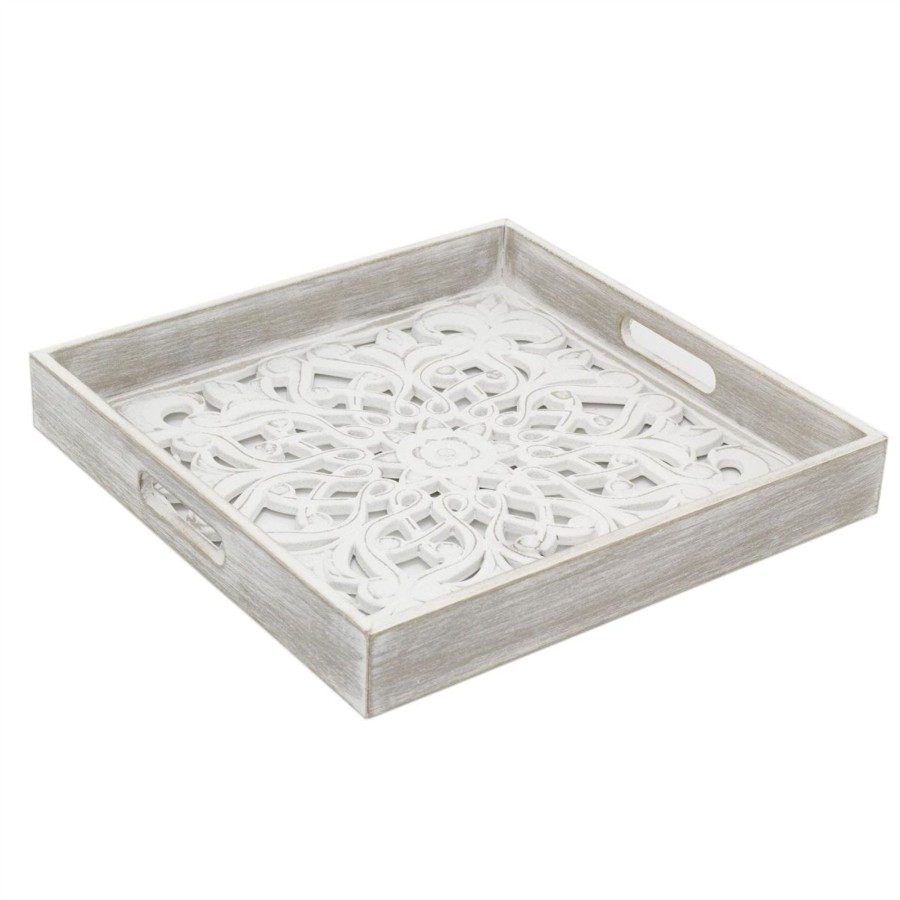 Home Accessories Carousel Shop Decorative Accessories | Whitewashed Carved Square Tray | Shabby Chic Display Tray | Ornate Wooden Tray - 36Cm