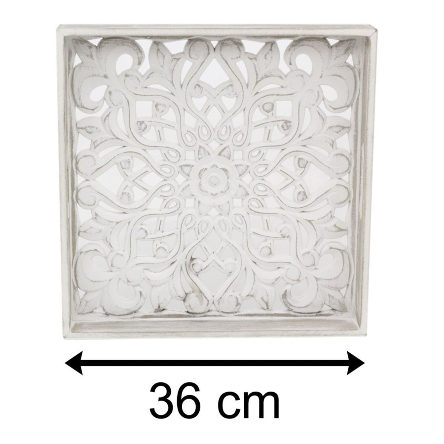 Home Accessories Carousel Shop Decorative Accessories | Whitewashed Carved Square Tray | Shabby Chic Display Tray | Ornate Wooden Tray - 36Cm