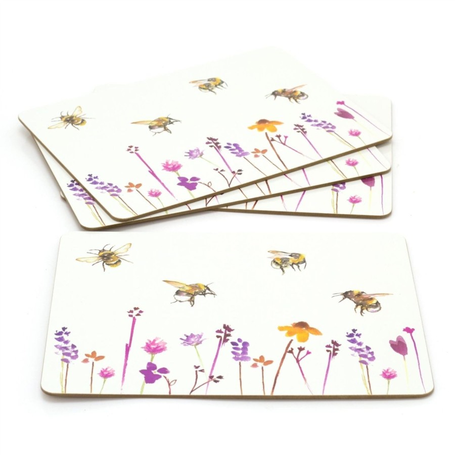 Kitchen & Dining Carousel Shop | Set Of 4 Busy Bees Floral Table Placemats | Floral Bee Dining Table Mats | Bumble Bee Plate Mat Settings