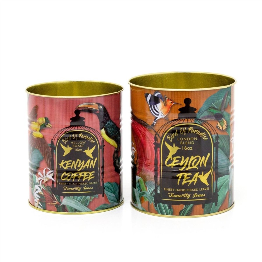 Kitchen & Dining Carousel Shop | Set Of 2 Decorative Replica Tea And Coffee Tin Cans | 2 Piece Birds Of Paradise Retro Metal Storage Tin Set | Tropical Vintage Style Metal Food Display Cans