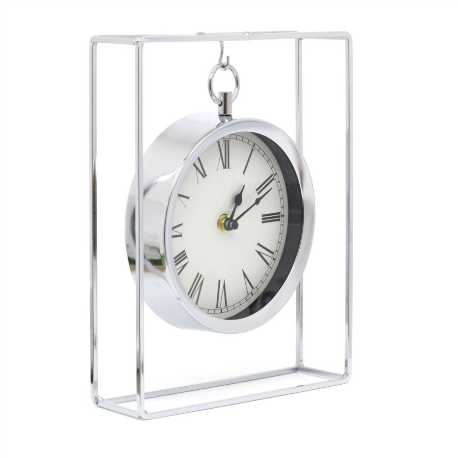 Home Accessories Carousel Shop Clocks | Stylish Hanging Sliver Modern Mantel Clock | Suspended Chrome Table Clock | 25Cm Living Room Mantle Clock