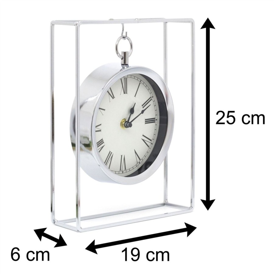 Home Accessories Carousel Shop Clocks | Stylish Hanging Sliver Modern Mantel Clock | Suspended Chrome Table Clock | 25Cm Living Room Mantle Clock