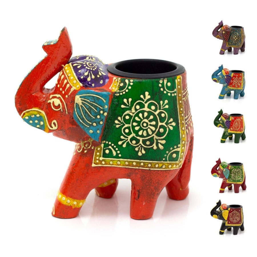 Home Accessories Carousel Shop Decorative Accessories | Hand Painted Indian Elephant Tealight Holder | Decorative Wooden Elephant Tea Light Candle Holder | Elephant Ornament - Colour Varies One Supplied