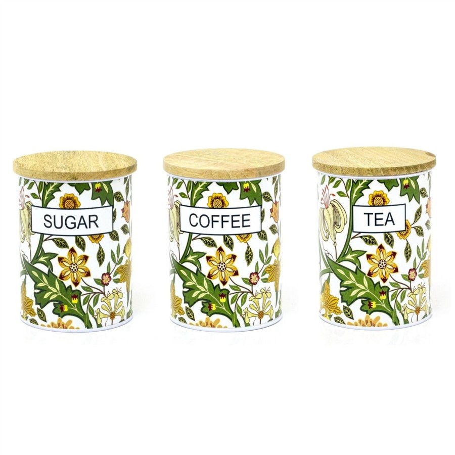 Kitchen & Dining Carousel Shop | Retro Style Floral Airtight Kitchen Canisters With Wooden Lids | Round Vintage Botanical Kitchen Tin Containers | Kitchen Storage Tins