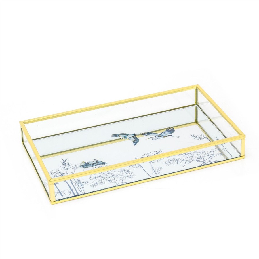 Home Accessories Carousel Shop Candle Plates | Blue Heron Mirrored Metal Tray | Decorative Oriental Vanity Trinket Tray - 24Cm