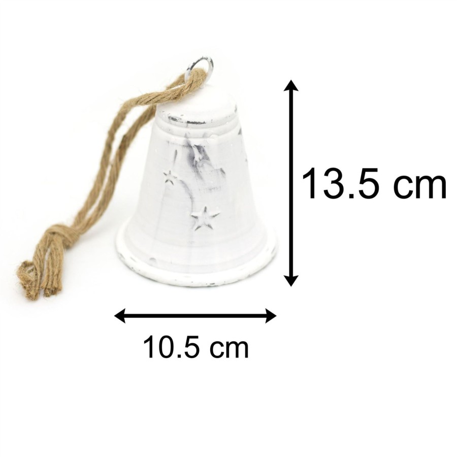 Celebrations Carousel Shop | White Metal Christmas Bell Rustic Tree Decorations | Embossed Xmas Hanging Bell | Festive Jingle Bell Hanging Decorations