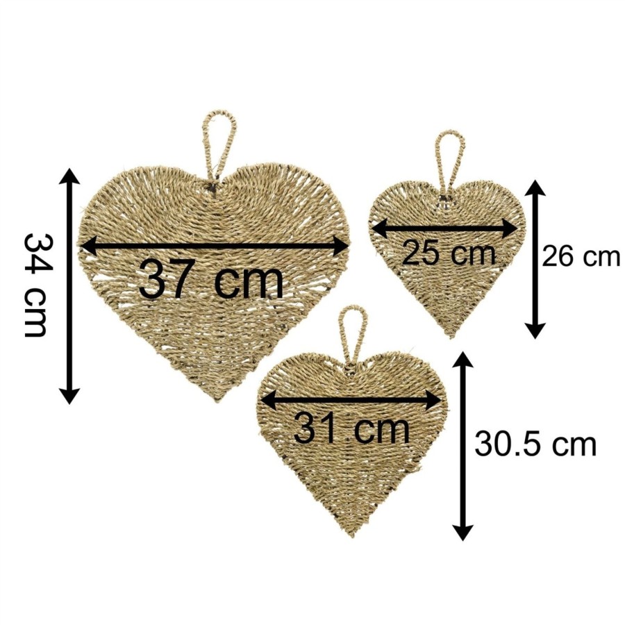 Home Accessories Carousel Shop Wall Decor & Mirrors | Set Of 3 Seagrass Hearts Wall Hanging Decor | Woven Wall Hanging Love Heart | Hanging Heart Boho Wall Decor