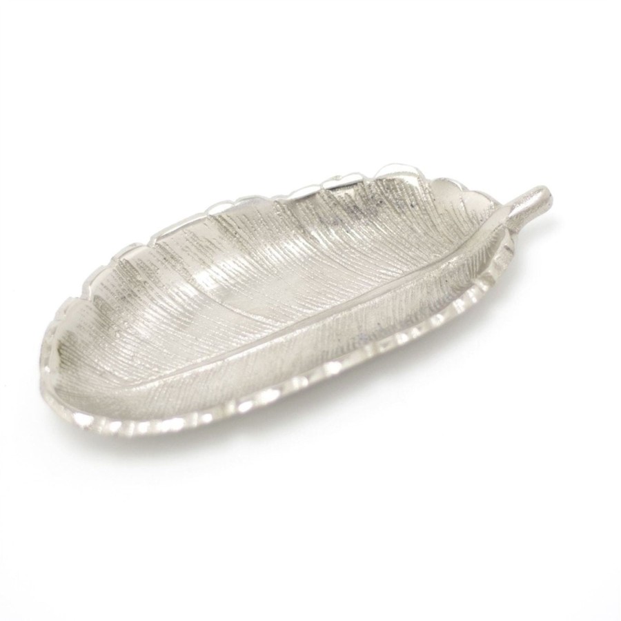 Home Accessories Carousel Shop Decorative Accessories | Stylish Silver Metal Feather Trinket Dish | Display Plate Vanity Tray | Ring Holder Jewellery Plate