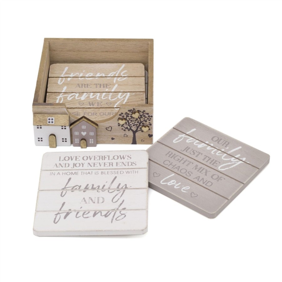 Kitchen & Dining Carousel Shop | Set Of 4 Shabby Chic House Design Wooden Coasters | Family Friends Quotes Coasters With Holder Cup Mug Table Mats | Wood Drinks Coaster Set