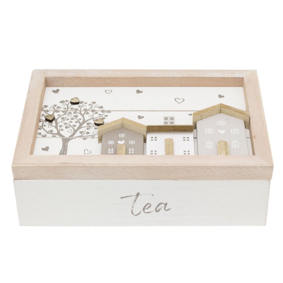 Kitchen & Dining Carousel Shop | Shabby Chic House Design Wooden Tea Box Caddy 24X16Cm | 6 Compartment Tea Bag Storage Box | Kitchen Organiser Tea Case