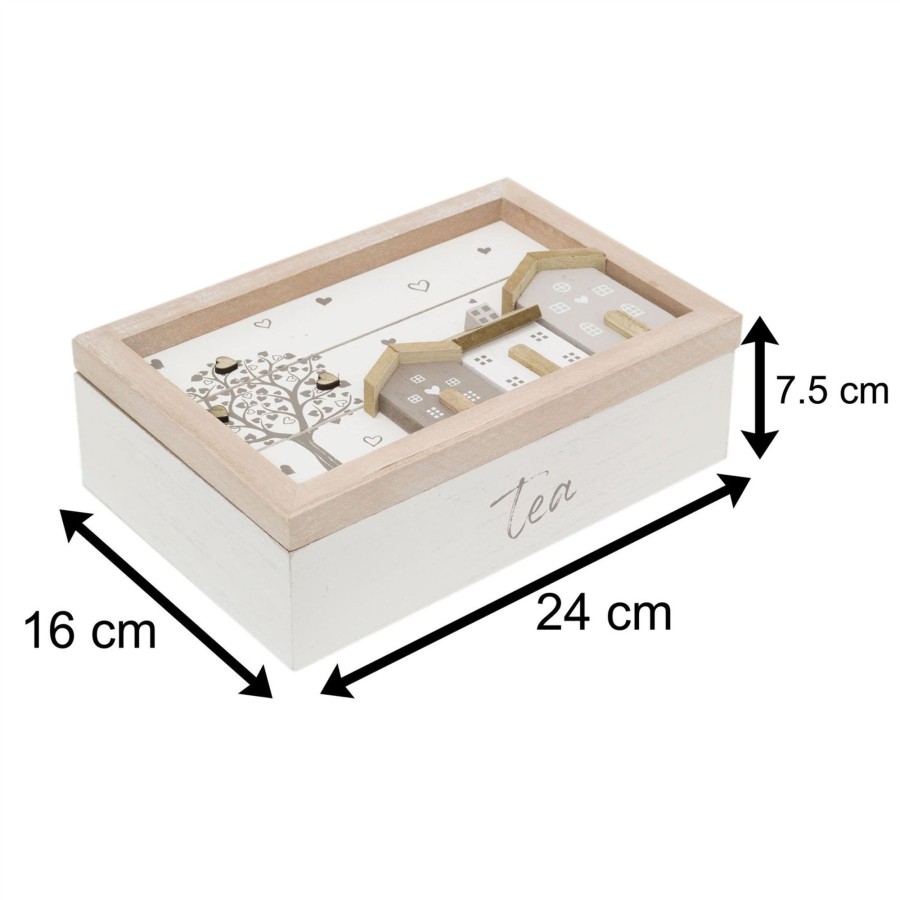 Kitchen & Dining Carousel Shop | Shabby Chic House Design Wooden Tea Box Caddy 24X16Cm | 6 Compartment Tea Bag Storage Box | Kitchen Organiser Tea Case