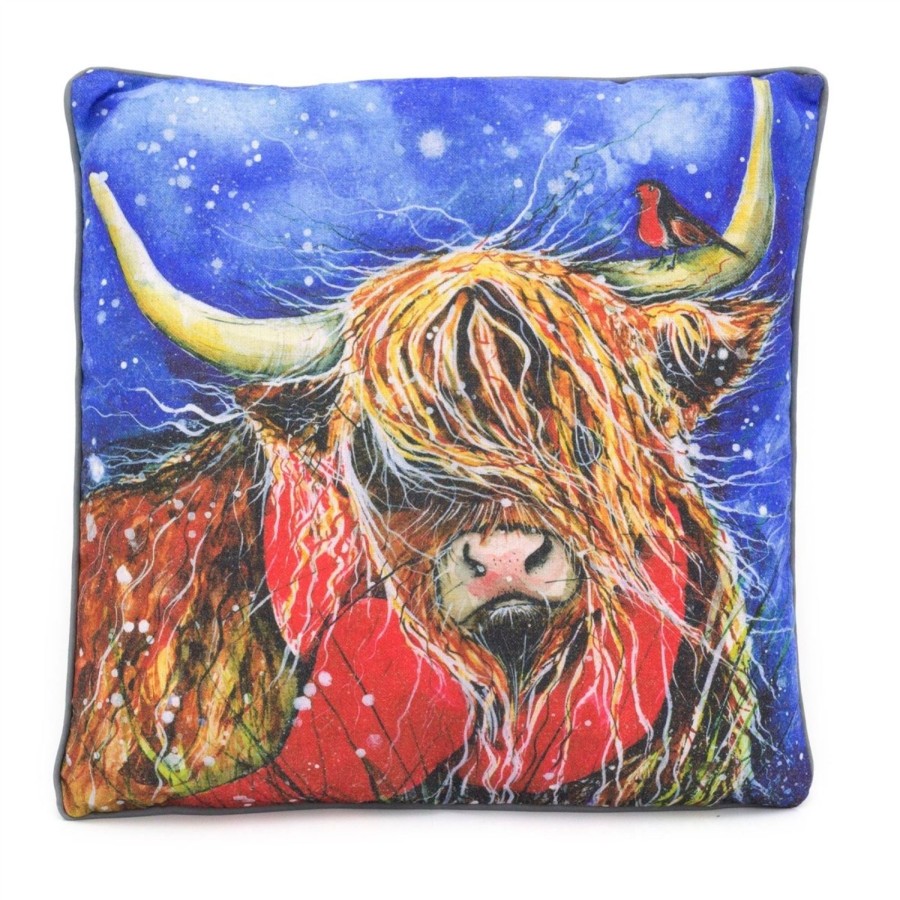 Home Accessories Carousel Shop Soft Furnishings & Rugs | 38Cm Handsome Highland Cow Robin Scatter Cushion | Winter Fabric Filled Sofa Cushion | Festive Bed Throw Pillow With Cover