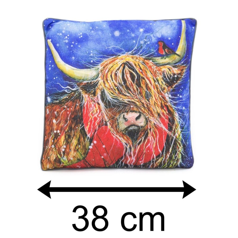 Home Accessories Carousel Shop Soft Furnishings & Rugs | 38Cm Handsome Highland Cow Robin Scatter Cushion | Winter Fabric Filled Sofa Cushion | Festive Bed Throw Pillow With Cover