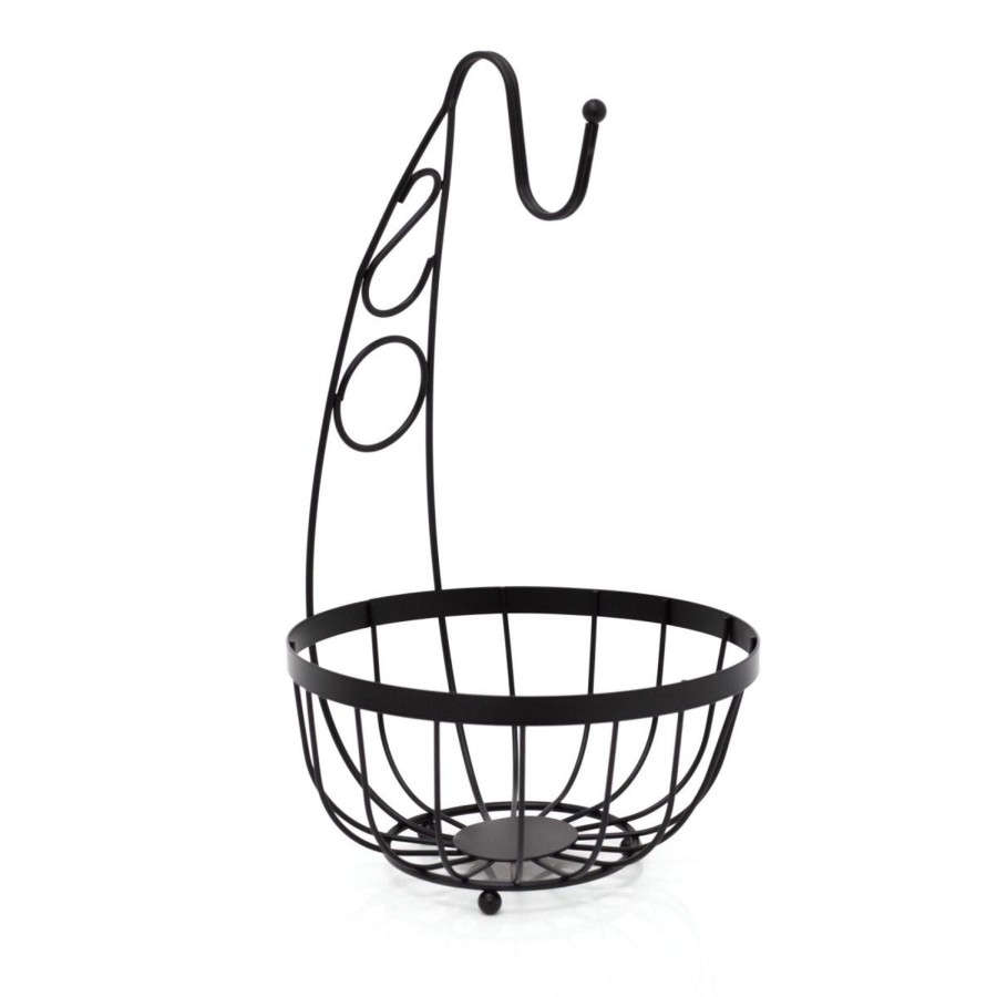 Kitchen & Dining Carousel Shop | Black Flat Iron Fruit Basket With Banana Hanger | Metal Fruit Bowl With Banana Hook | Wire Vegetable Rack Fruit Bowl With Banana Tree