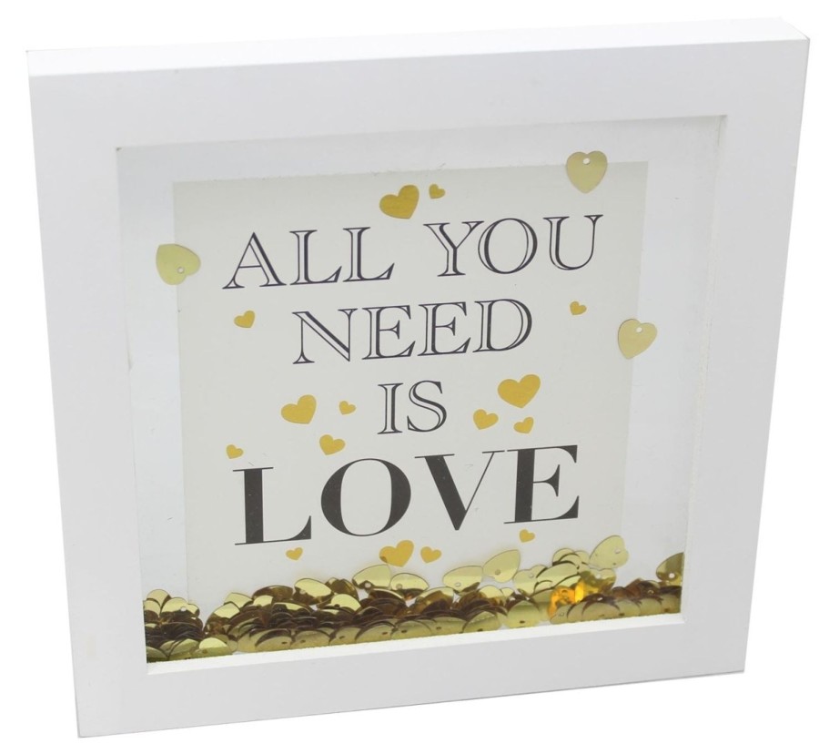 Home Accessories Carousel Shop Signs & Plaques | White Wooden Gold Heart Confetti Decorative Box Printed Quote Frame 17Cm ~ All You Need Is Love