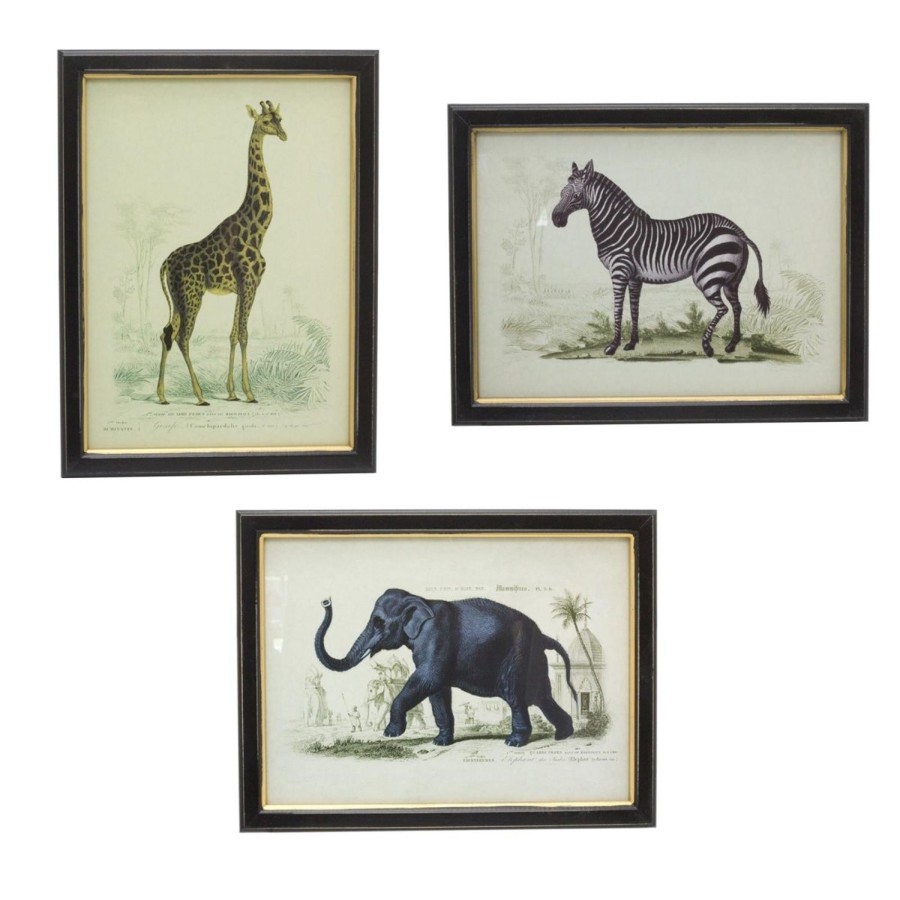 Home Accessories Carousel Shop Wall Decor & Mirrors | Set Of 3 Jungle Safari Animal Pictures For Walls | 3 Piece Zebra Elephant Giraffe Wall Art Framed Animal Prints | Pack Of Three Animal Framed Wall Art