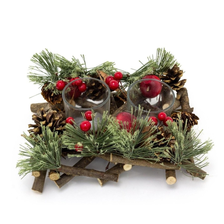 Celebrations Carousel Shop | Handcrafted Christmas Double Tealight Candle Holder ~ Xmas Table Centrepiece