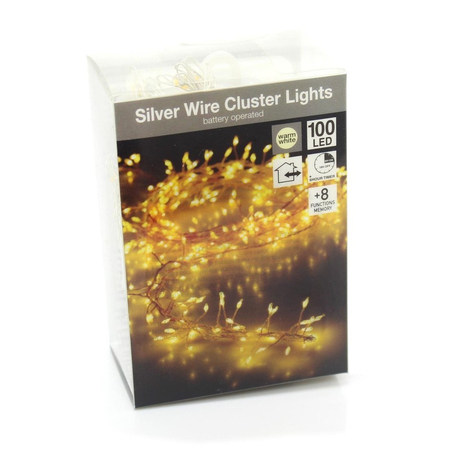 Celebrations Carousel Shop | 100 Led Silver Wire Fairy Lights | Battery Operated With 8 Lighting Modes Weatherproof Battery Box | Warm White String Lights For Indoor Outdoor