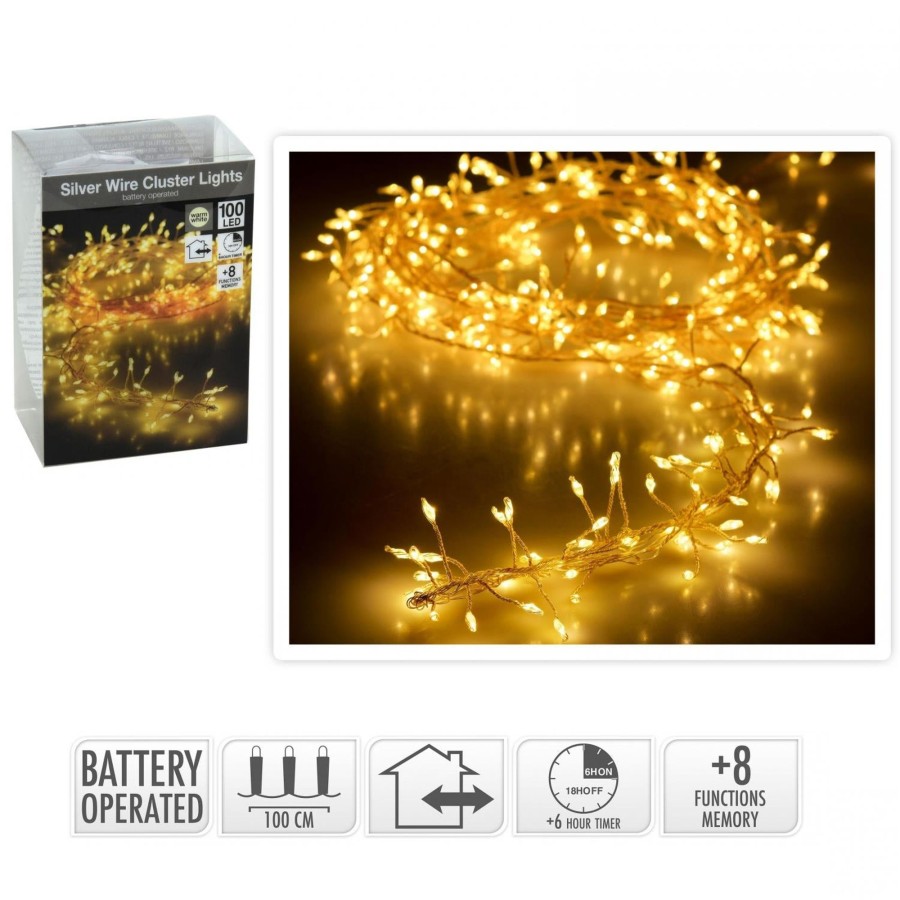 Celebrations Carousel Shop | 100 Led Silver Wire Fairy Lights | Battery Operated With 8 Lighting Modes Weatherproof Battery Box | Warm White String Lights For Indoor Outdoor