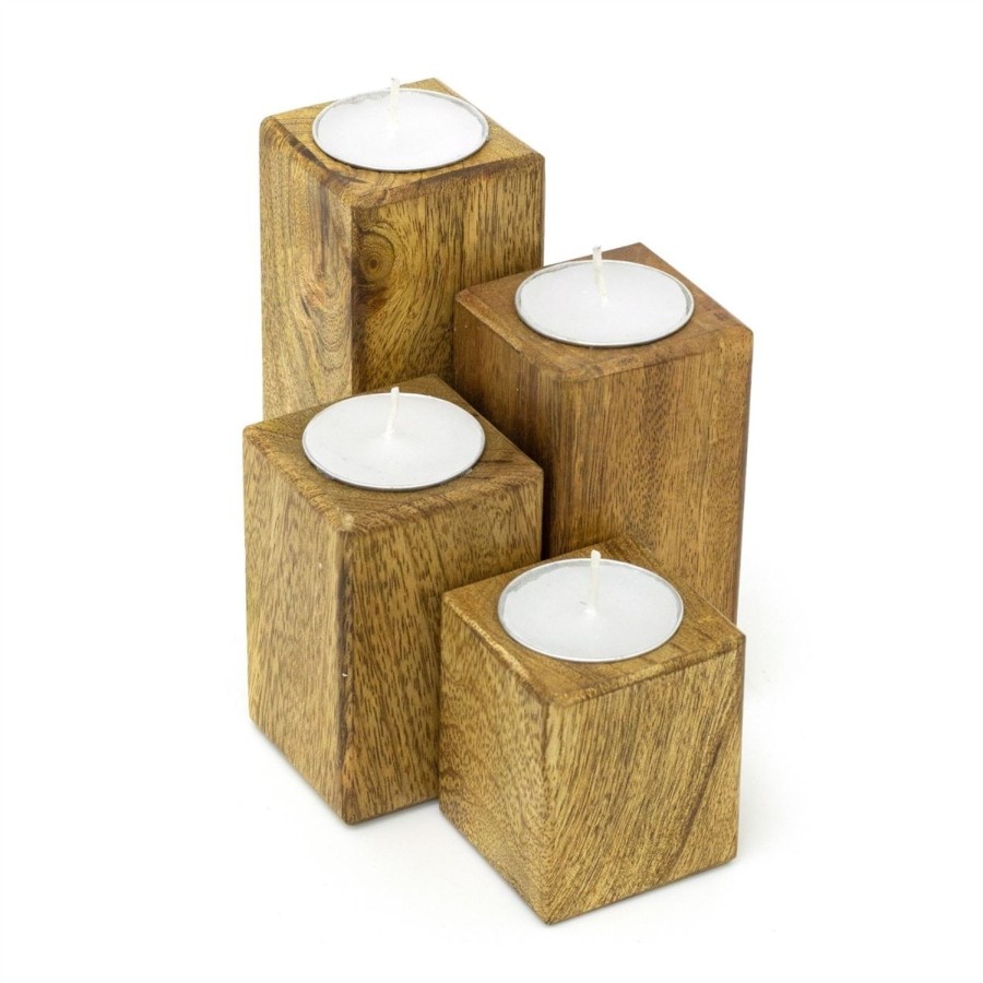 Home Accessories Carousel Shop Candlesticks, Holders & Lanterns | Rustic Set Of 4 Mango Wood Square Tea Light Holders With Votive Candles