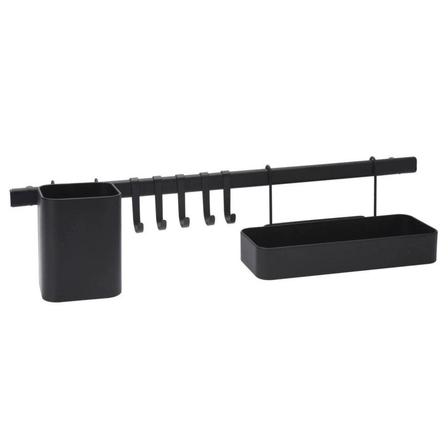 Kitchen & Dining Carousel Shop | 60Cm Matte Black Metal Kitchen Wall Organiser | Wall Mounted Storage Bar With 5 Hooks Kitchen Utensils Holder And Spice Rack Shelf | 8 Piece Kitchen Storage Set