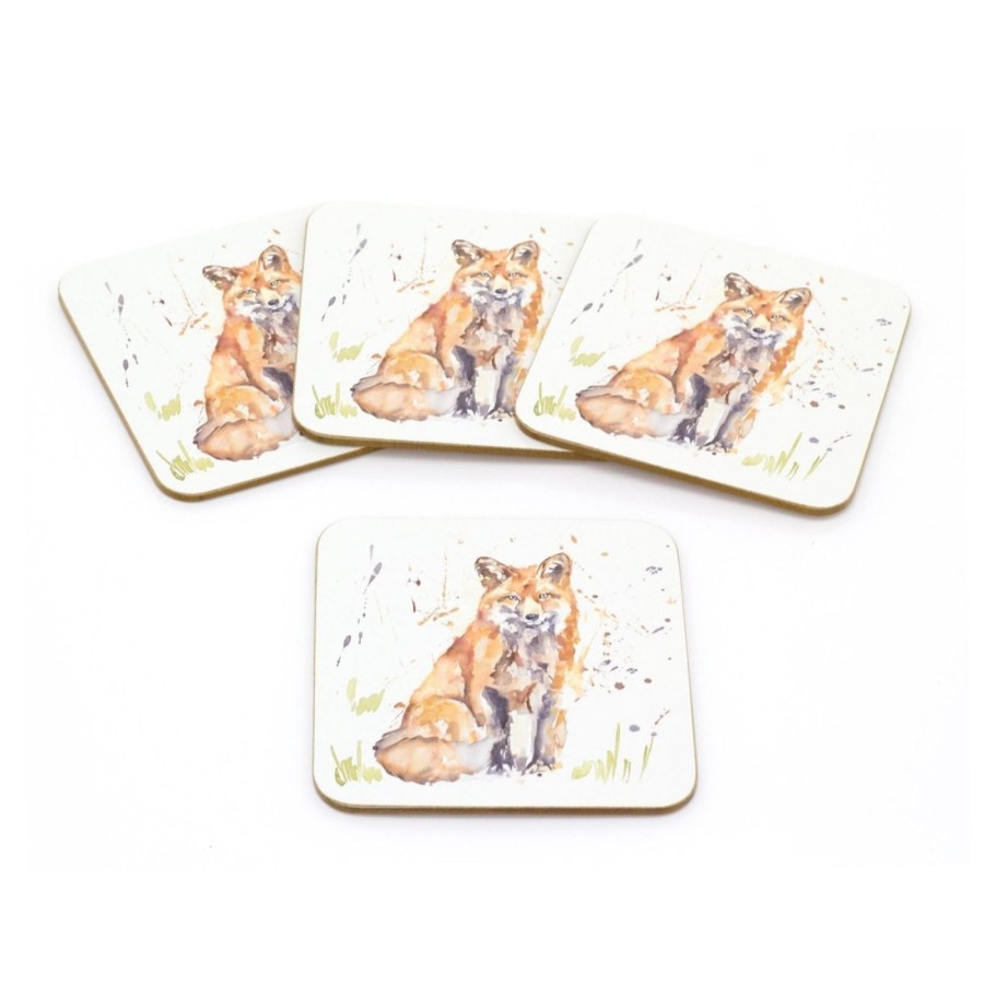 Kitchen & Dining Carousel Shop | Set Of 4 Watercolour Design Woodland Fox Coasters | 4 Piece Animal Cork Square Coaster Set | Four Red Fox Wildlife Cup Mug Table Mats