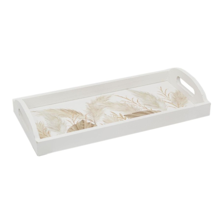 Kitchen & Dining Carousel Shop | Botanical Pampas Grass Serving Tray Display Tray| White Wooden Tray With Handles Drinks Tray | Kitchen Tea Coffee Tray Snack Trays - 38Cm