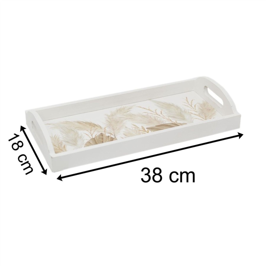 Kitchen & Dining Carousel Shop | Botanical Pampas Grass Serving Tray Display Tray| White Wooden Tray With Handles Drinks Tray | Kitchen Tea Coffee Tray Snack Trays - 38Cm